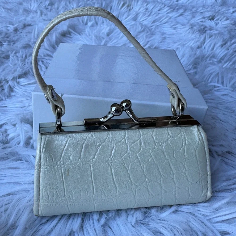 Cream Croc Embossed Mini Jewelry Travel Case Ring Box Purse
